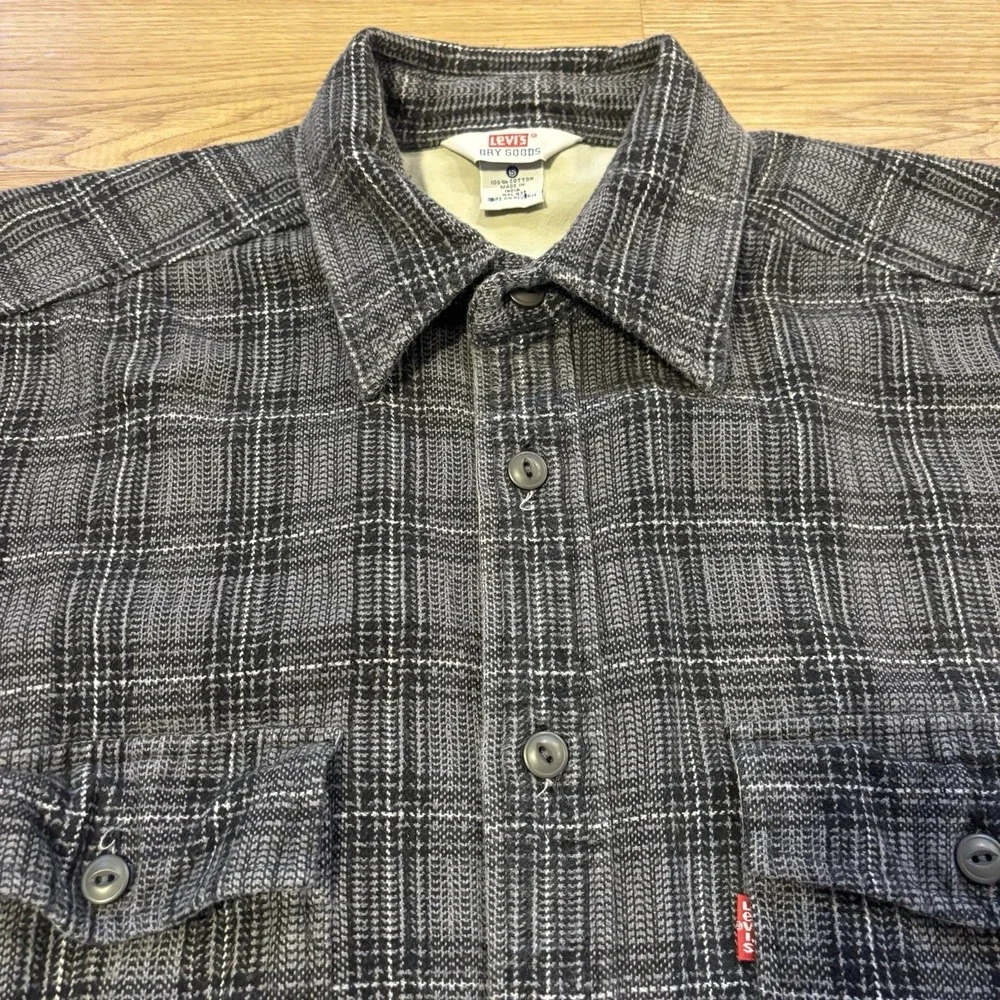 Vintage Levis Shirt Jacket Men's Small Grey Black Plaid Flannel Shacket Oversize - Picture 4 of 15